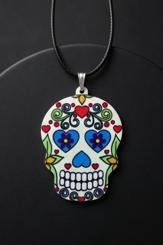 Vibrant White Sugar Skull Día de los Muertos Pendant Necklace