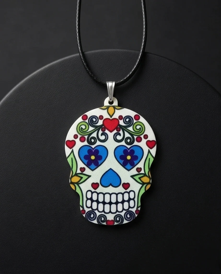 Vibrant White Sugar Skull Día de los Muertos Pendant Necklace