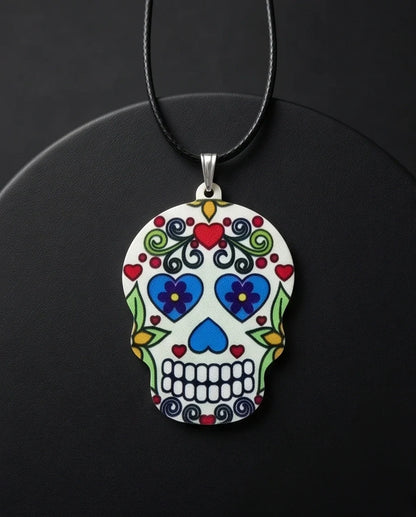 Vibrant White Sugar Skull Día de los Muertos Pendant Necklace