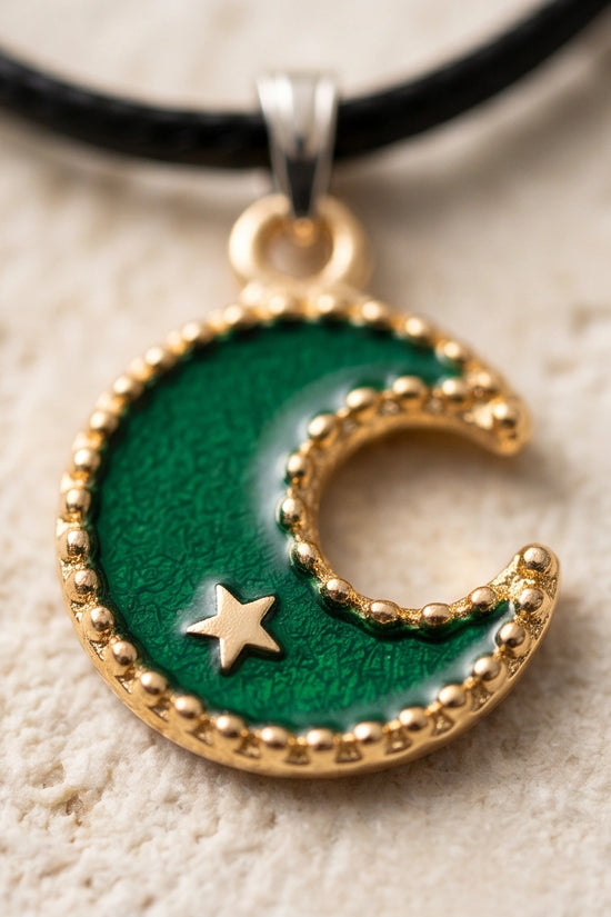 Gold and Green Crescent Moon and Star Necklace