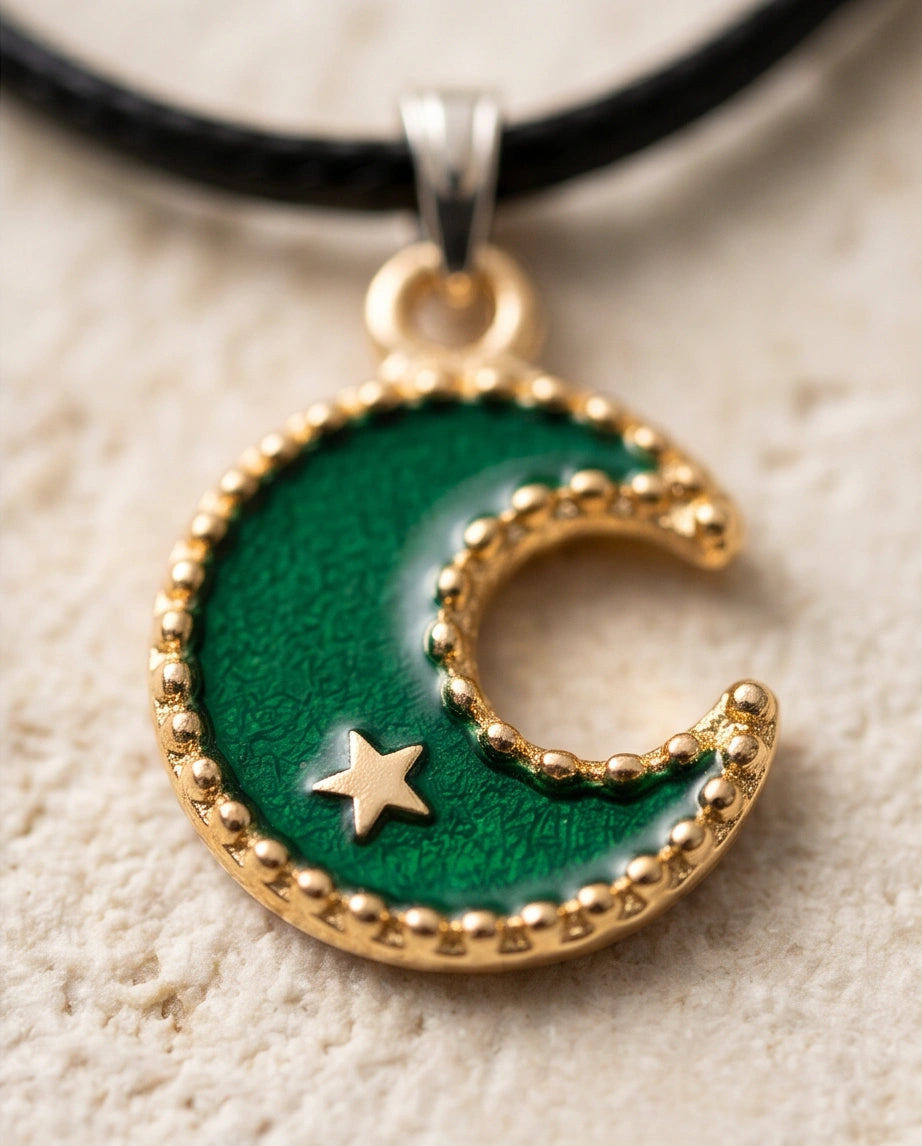 Gold and Green Crescent Moon and Star Necklace