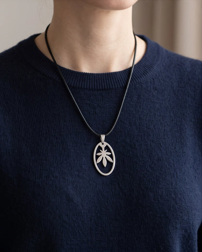 Brushed Silver Leaf Oval Cord Necklace