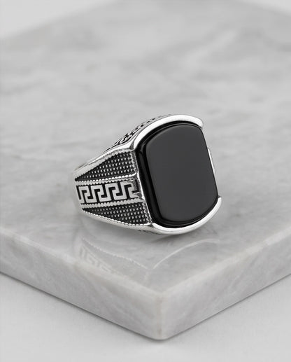 Onyx Gemstone Cushion Cabochon Greek Key Stippled Silver Ring