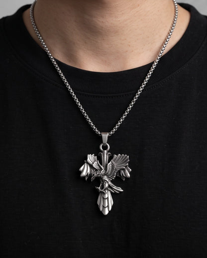 Silver Raven Gothic Cross Pendant Necklace