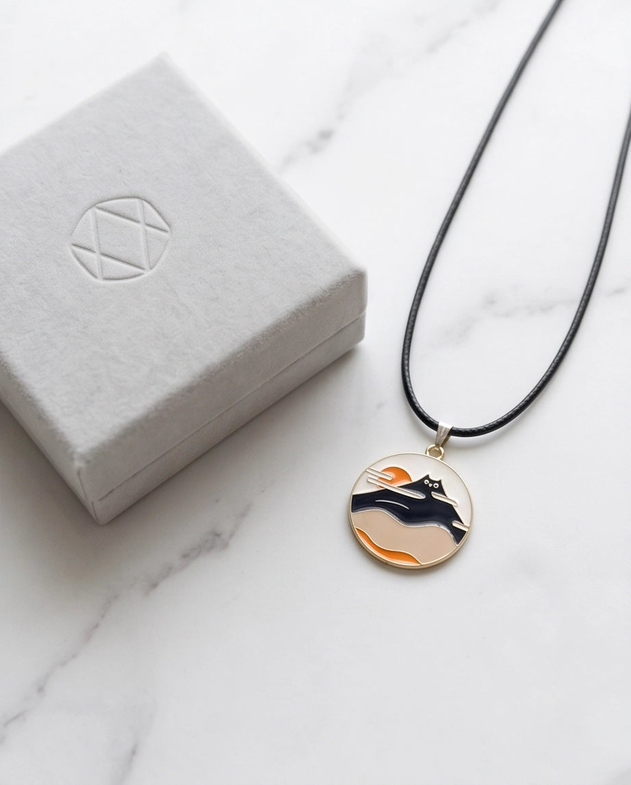 Japanese Mountain & Cat Enamel Pendant Necklace