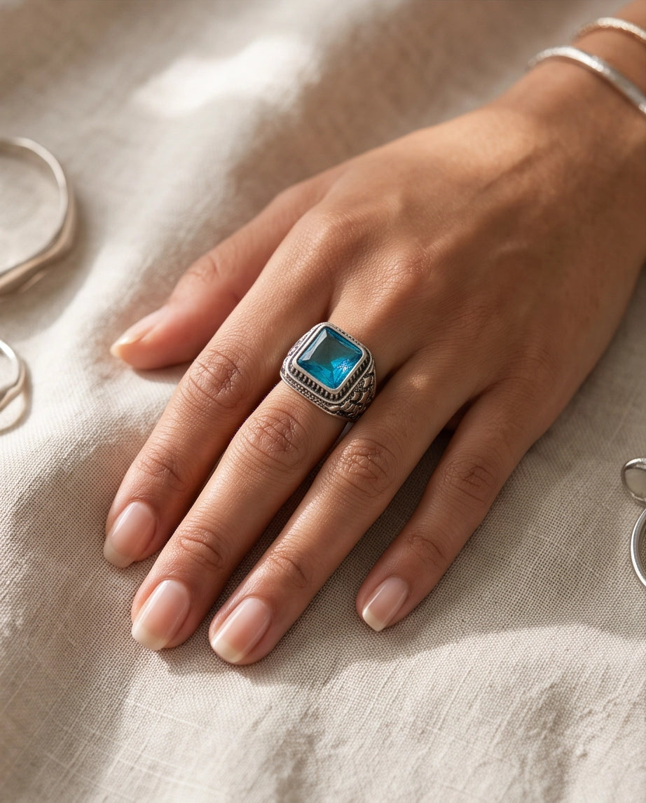 Radiant Cyan Princess-Cut Gemstone Ornate Bezel Silver Ring