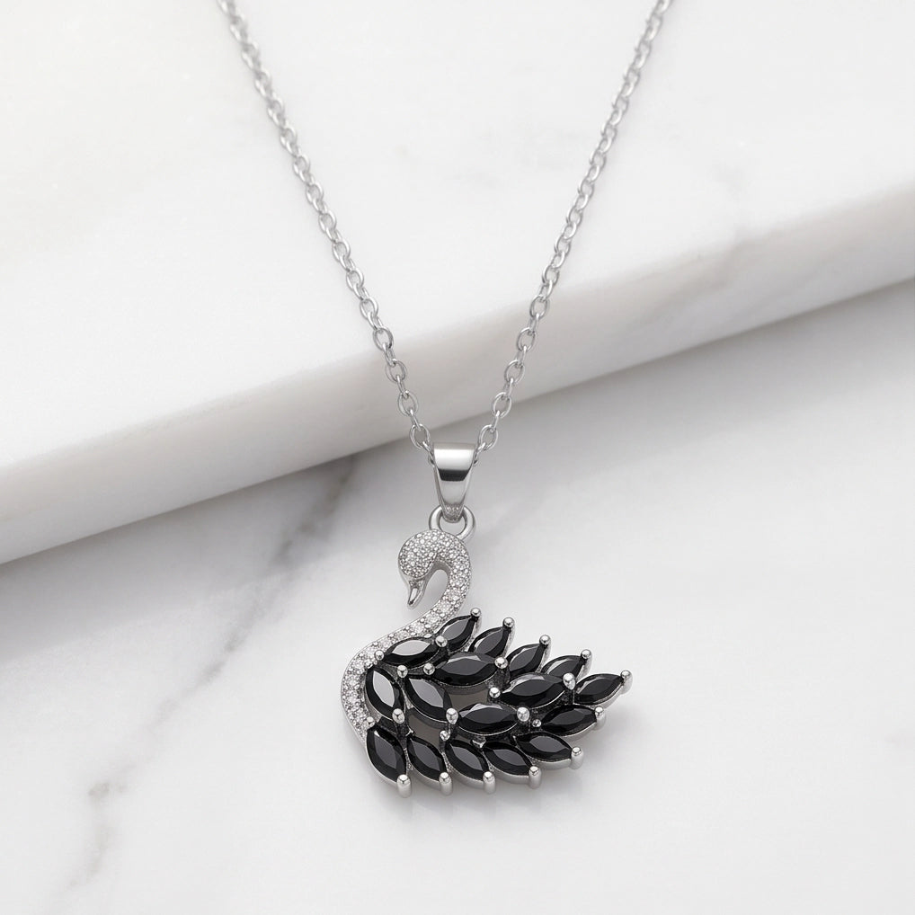 Silver Black Crystal Swan Necklace