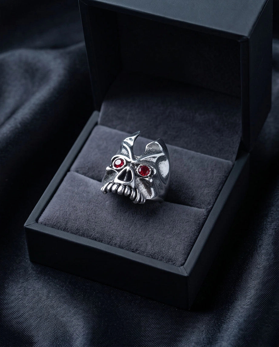 Ruby-Eyed Horned Demon Skull Ring