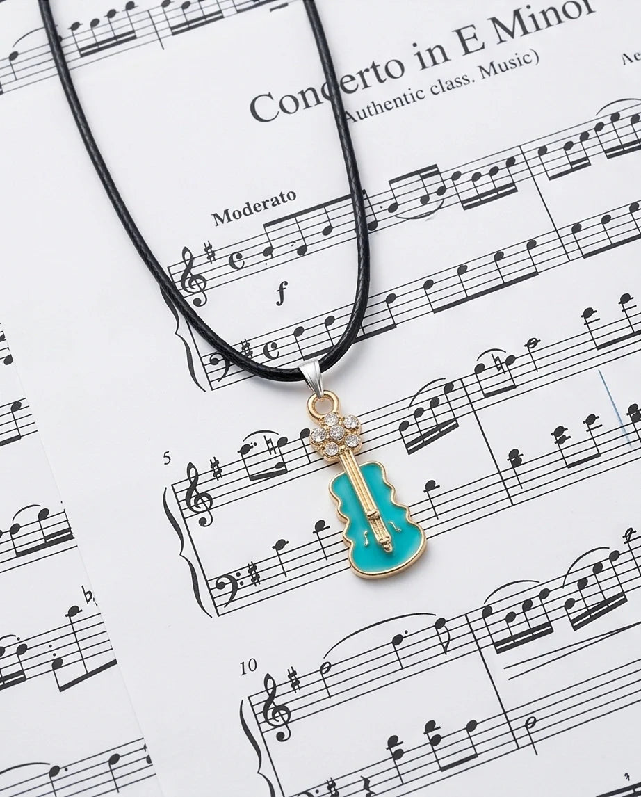Gold and Turquoise Enamel Violin Necklace