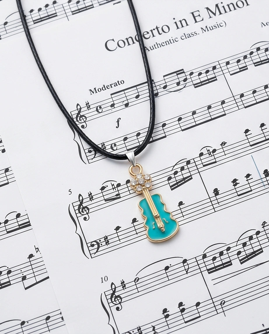 Gold and Turquoise Enamel Violin Necklace