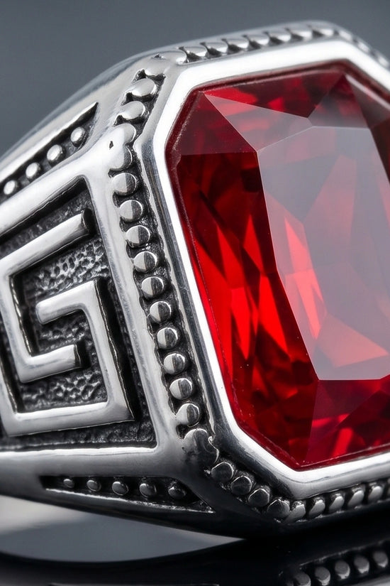 Vintage Greek Key Ruby Red Gemstone Ring