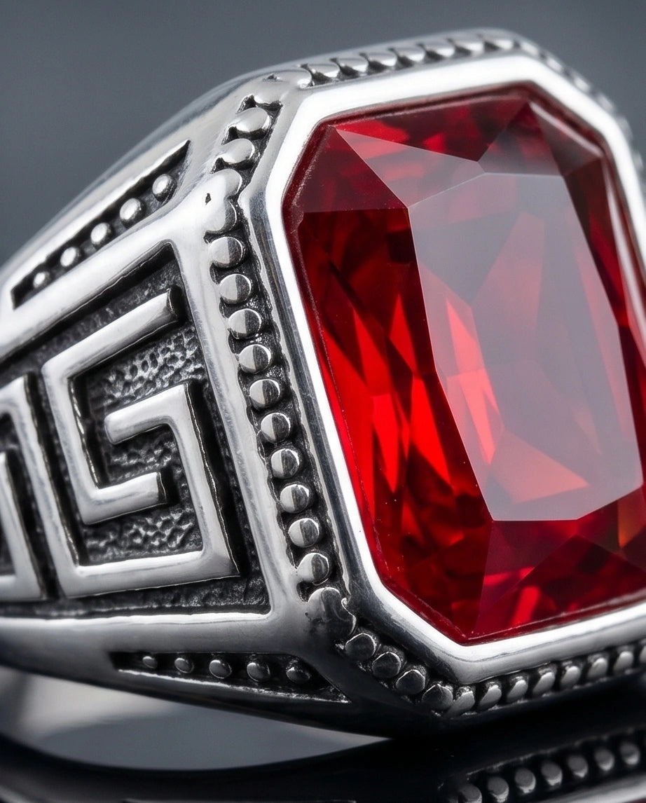 Vintage Greek Key Ruby Red Gemstone Ring