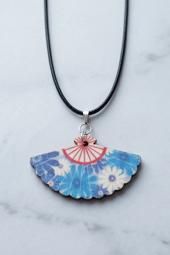 Vintage Ocean Blue Floral Hand-Fan Pendant Necklace