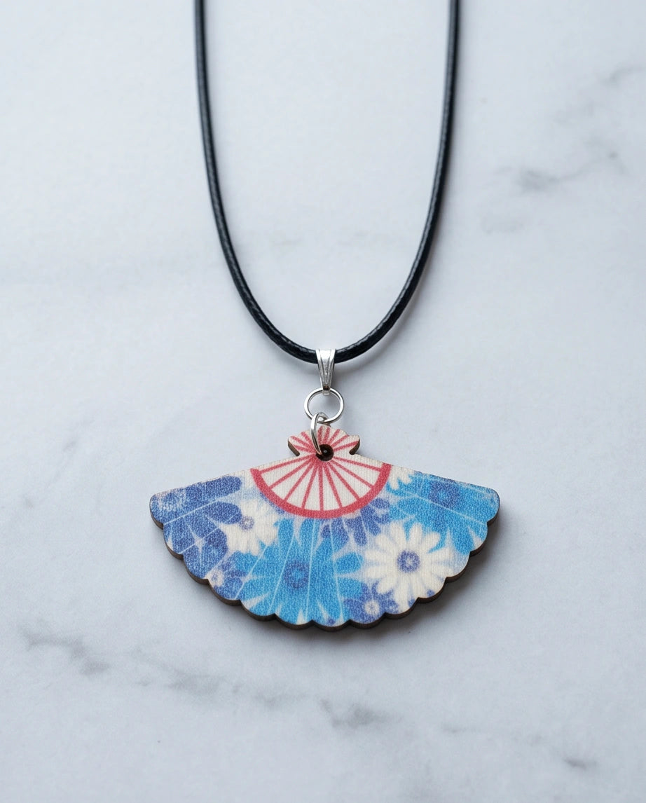 Vintage Ocean Blue Floral Hand-Fan Pendant Necklace