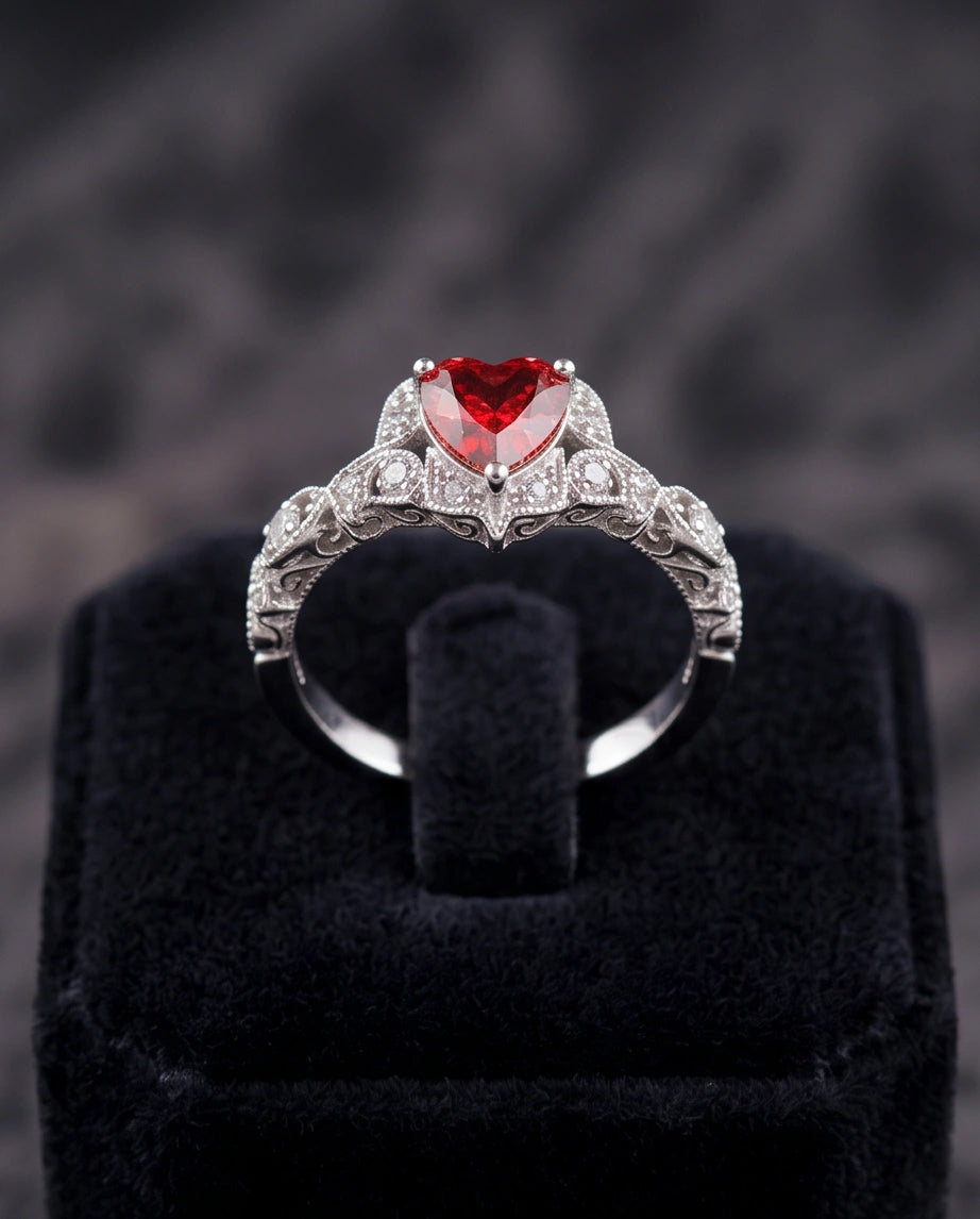 Vintage Heart Ruby & Diamond Accent Ring