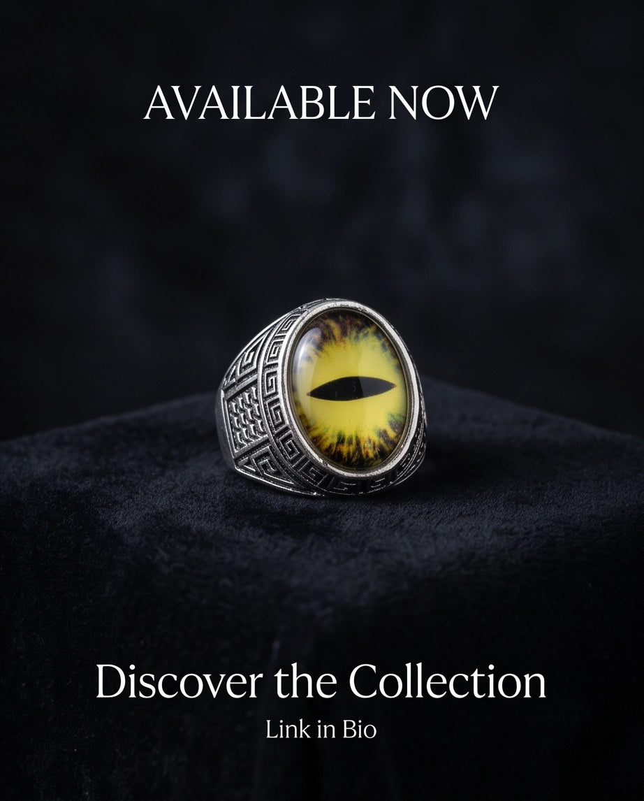 Golden-Yellow Slit-Pupil Dragon-Eye Greek Key Silver Ring