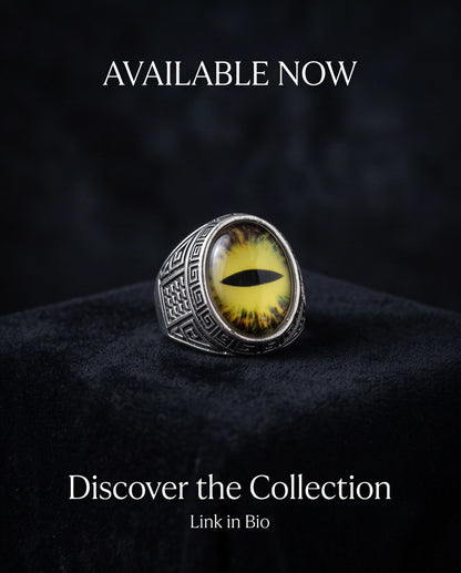 Golden-Yellow Slit-Pupil Dragon-Eye Greek Key Silver Ring