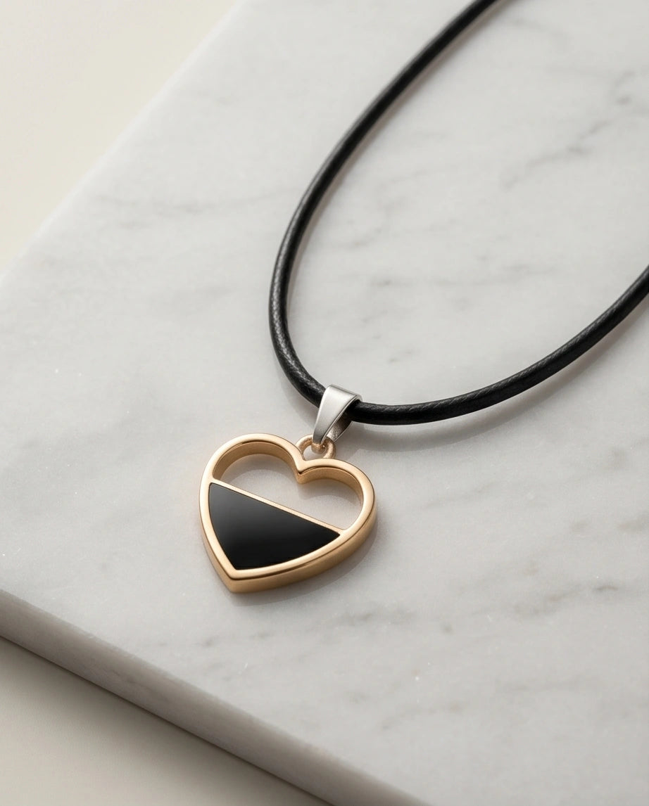 Gold Half-Black Enamel Heart Necklace