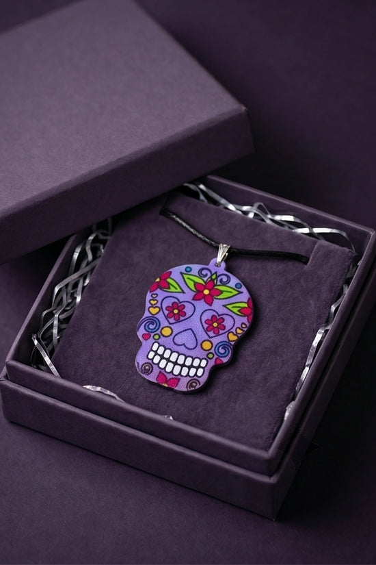 Vibrant Purple Sugar Skull Día de los Muertos Pendant Necklace