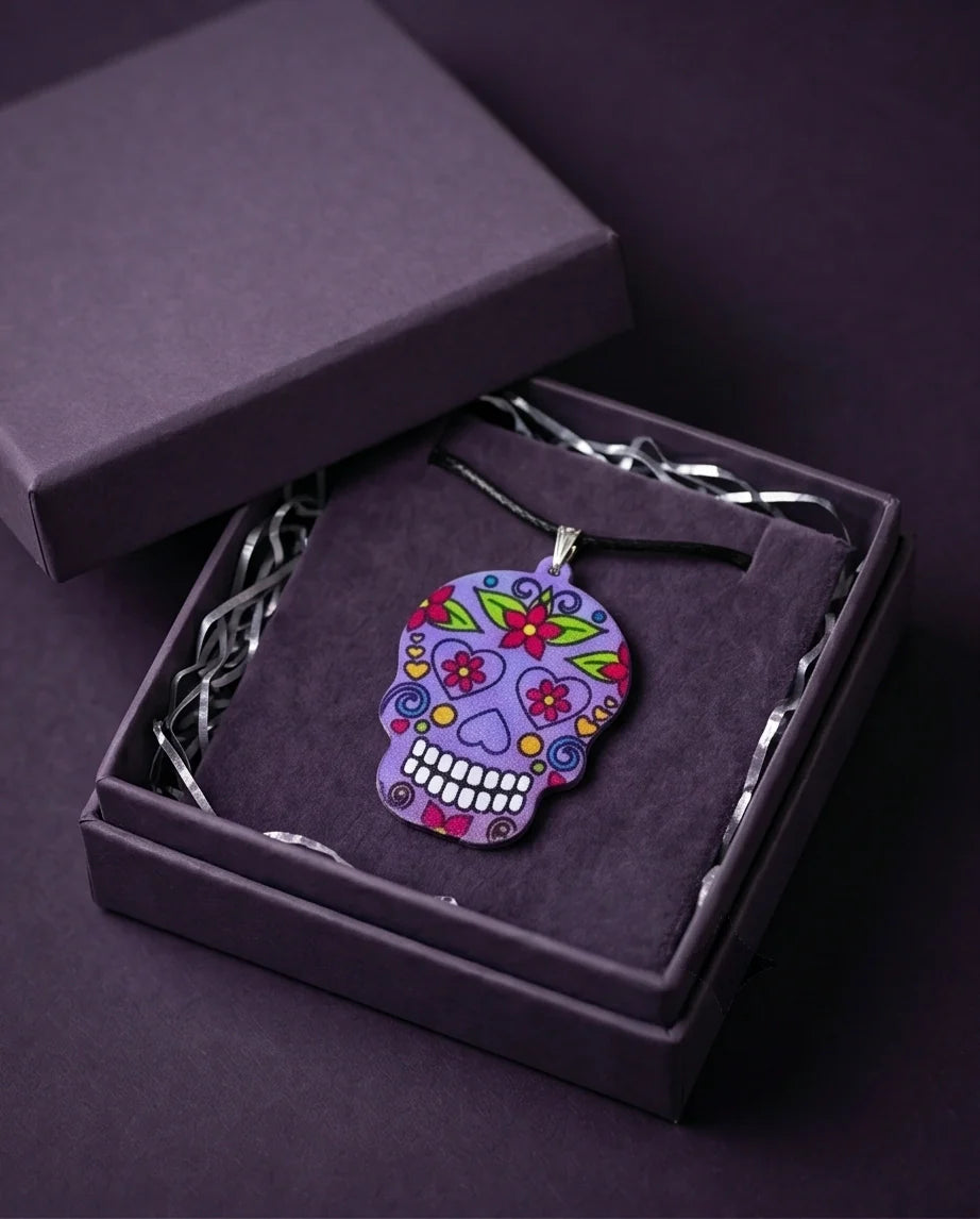 Vibrant Purple Sugar Skull Día de los Muertos Pendant Necklace