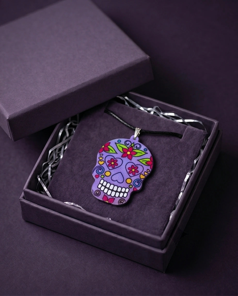 Vibrant Purple Sugar Skull Día de los Muertos Pendant Necklace