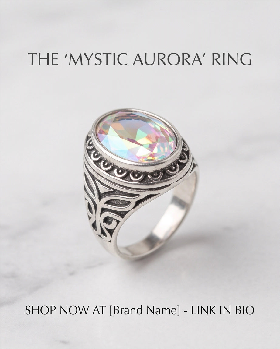 Mystic Rainbow Iridescent Oval-Cut Gemstone Ornate Bezel Silver Ring