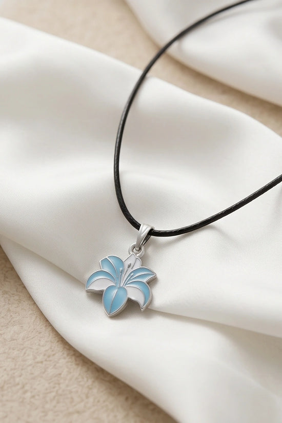 Serene Blue and White Lily Enamel Pendant Necklace