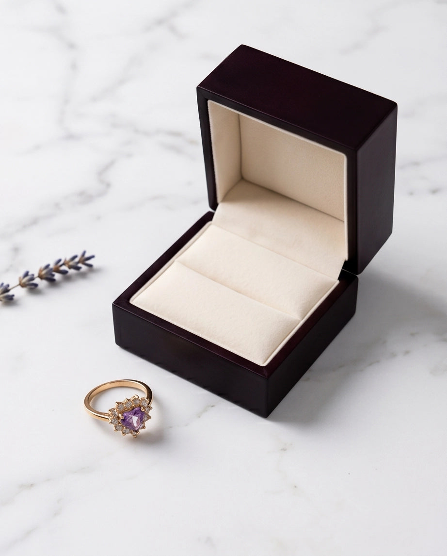 Gold Purple Heart Gemstone Halo Ring