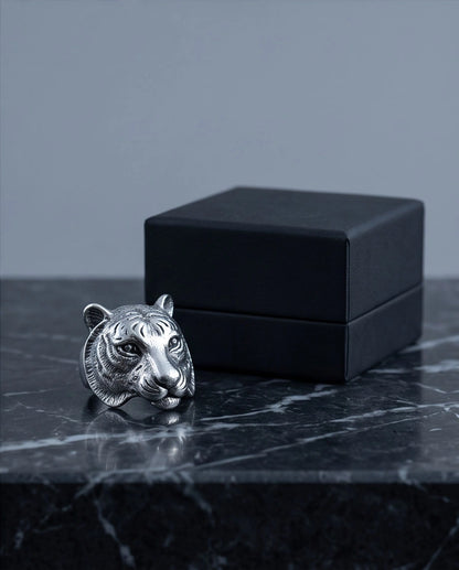Oxidized Silver Sculpted Tiger Signet Ring