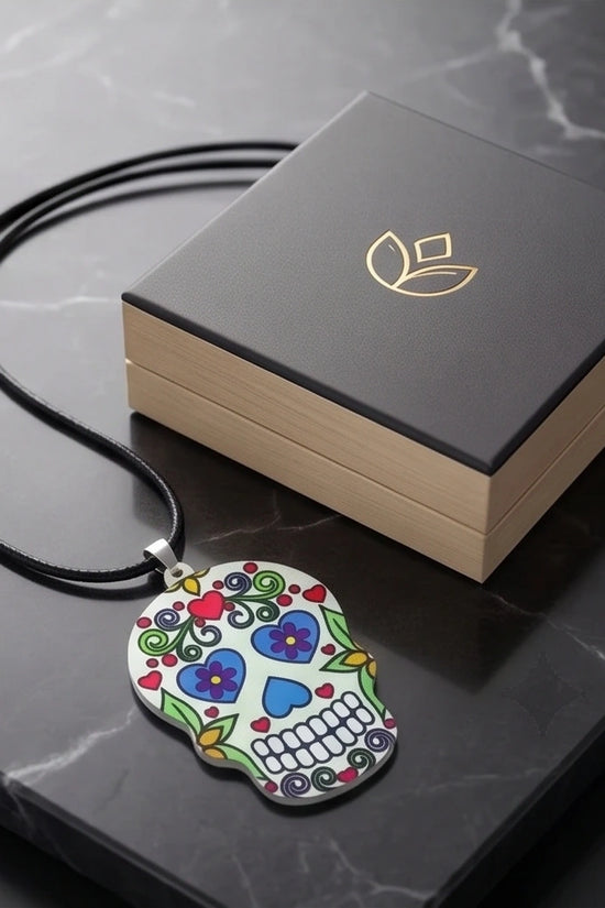 Vibrant White Sugar Skull Día de los Muertos Pendant Necklace