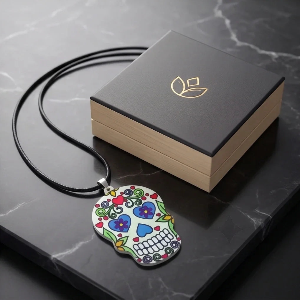 Vibrant White Sugar Skull Día de los Muertos Pendant Necklace