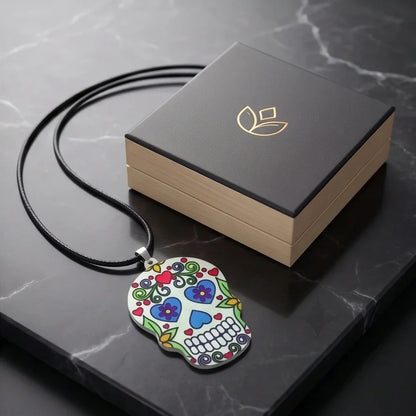 Vibrant White Sugar Skull Día de los Muertos Pendant Necklace