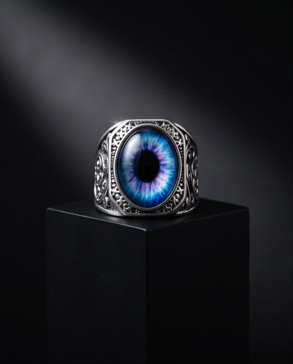 Nebula Blue-Purple Evil Eye Cabochon Gothic Filigree Silver Ring