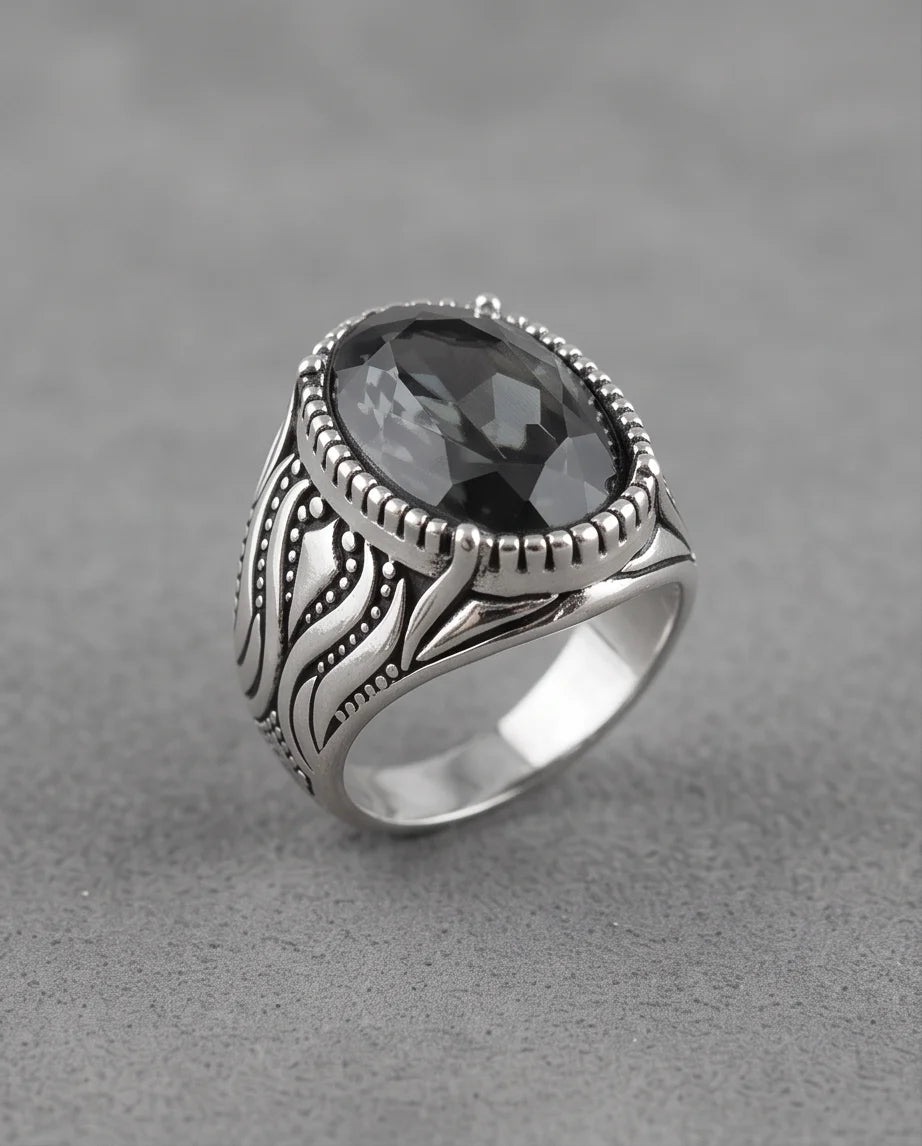Obsidian Gemstone Beaded Frame Flame Silver Ring