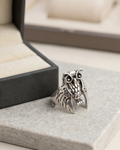 Vintage Silver Oxidized Owl Wisdom Statement Ring