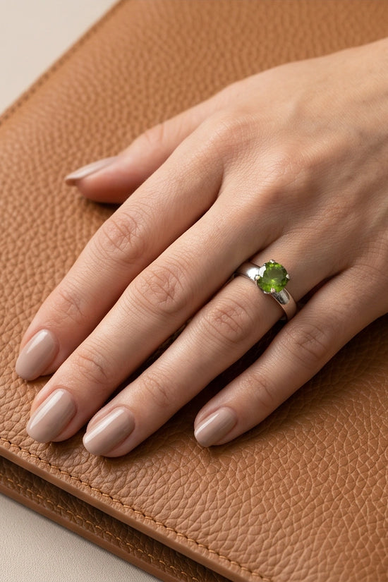 Sterling Silver Round-Cut Olive Green Solitaire Ring