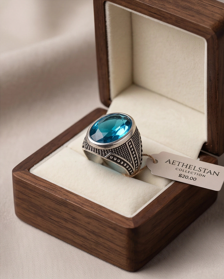 Aquamarine Gemstone Beaded Surround Chevron Stippled Silver Ring