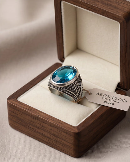 Aquamarine Gemstone Beaded Surround Chevron Stippled Silver Ring