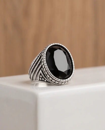 Black Gemstone Double-Tier Bezel Ribbed Silver Ring