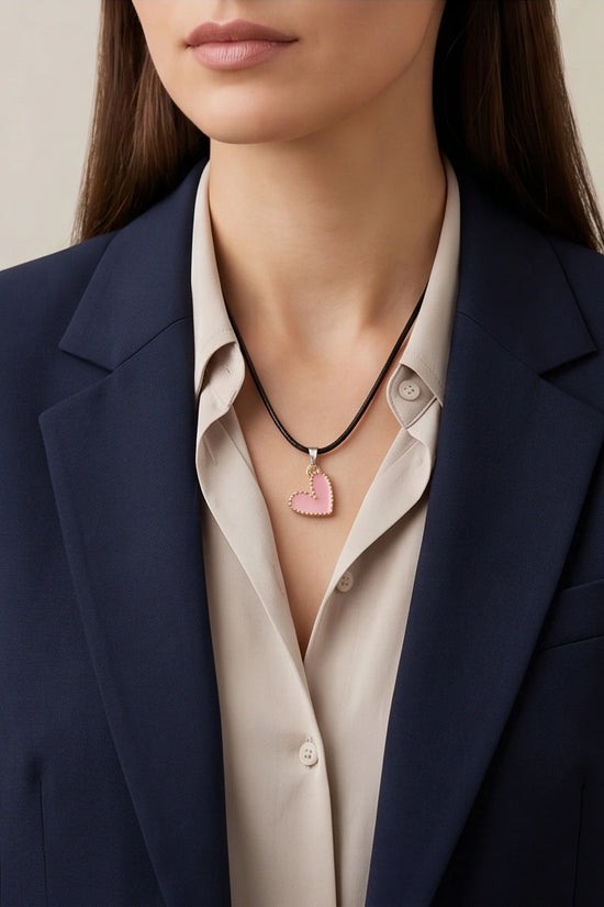 Pink Beaded-Edge Heart Enamel Pendant Necklace