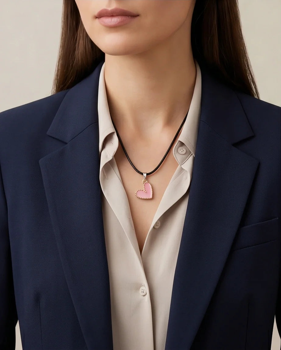 Pink Beaded-Edge Heart Enamel Pendant Necklace