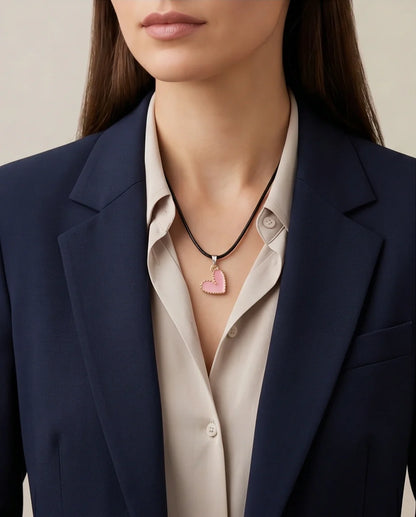 Pink Beaded-Edge Heart Enamel Pendant Necklace
