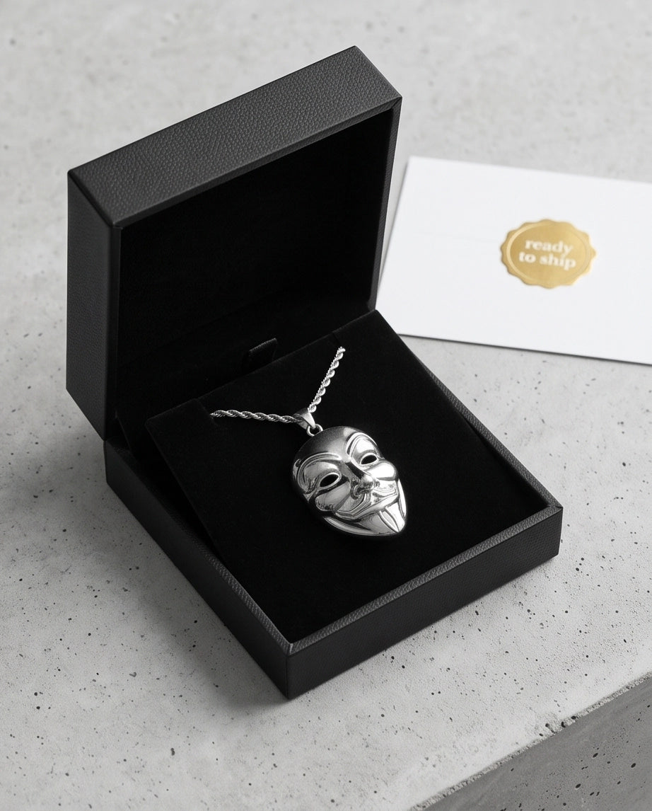Silver Guy Fawkes Mask Rope Chain Necklace