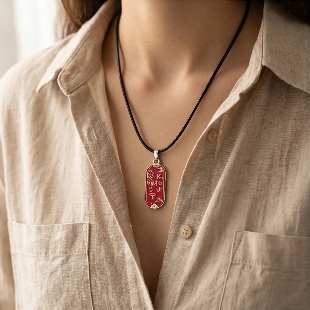 Traditional Red Oval "Zhao Cai Jin Bao" Talisman Pendant Necklace
