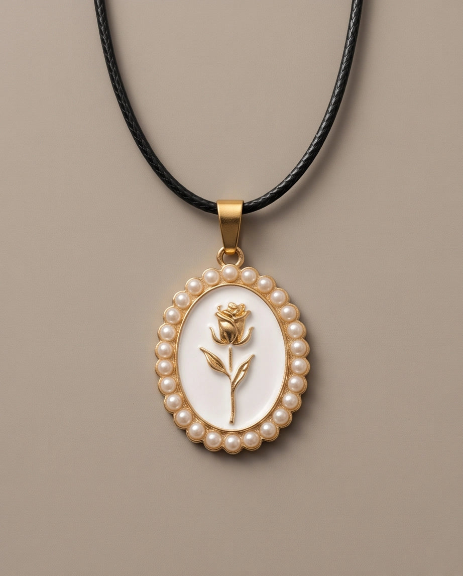 Gold Pearl Frame White Enamel Rose Oval Pendant Necklace