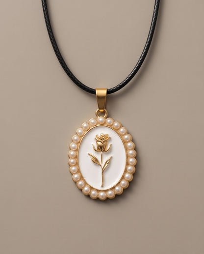 Gold Pearl Frame White Enamel Rose Oval Pendant Necklace