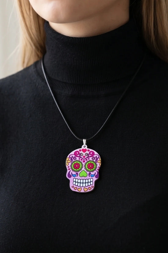 Vibrant Pastel Pink Sugar Skull Día de los Muertos Pendant Necklace