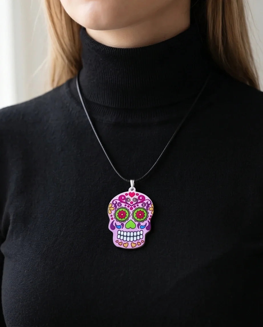 Vibrant Pastel Pink Sugar Skull Día de los Muertos Pendant Necklace
