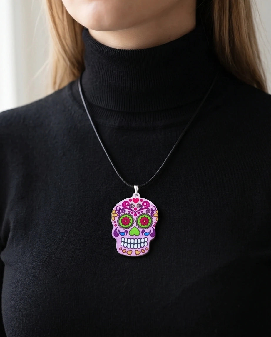 Vibrant Pastel Pink Sugar Skull Día de los Muertos Pendant Necklace