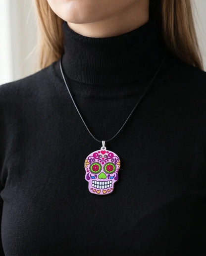 Vibrant Pastel Pink Sugar Skull Día de los Muertos Pendant Necklace